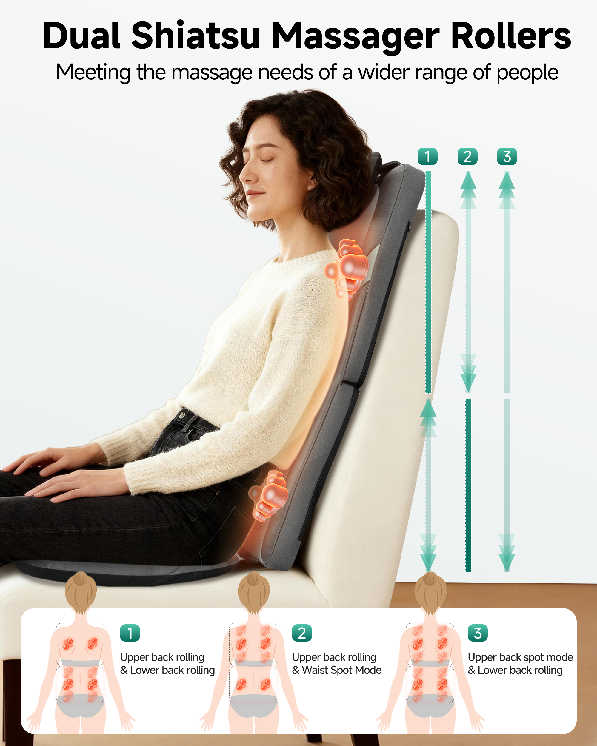 Foldable Massage Chair Pad, Long Track Dual with 3D Shiatsu Rollers 3 Height Settings