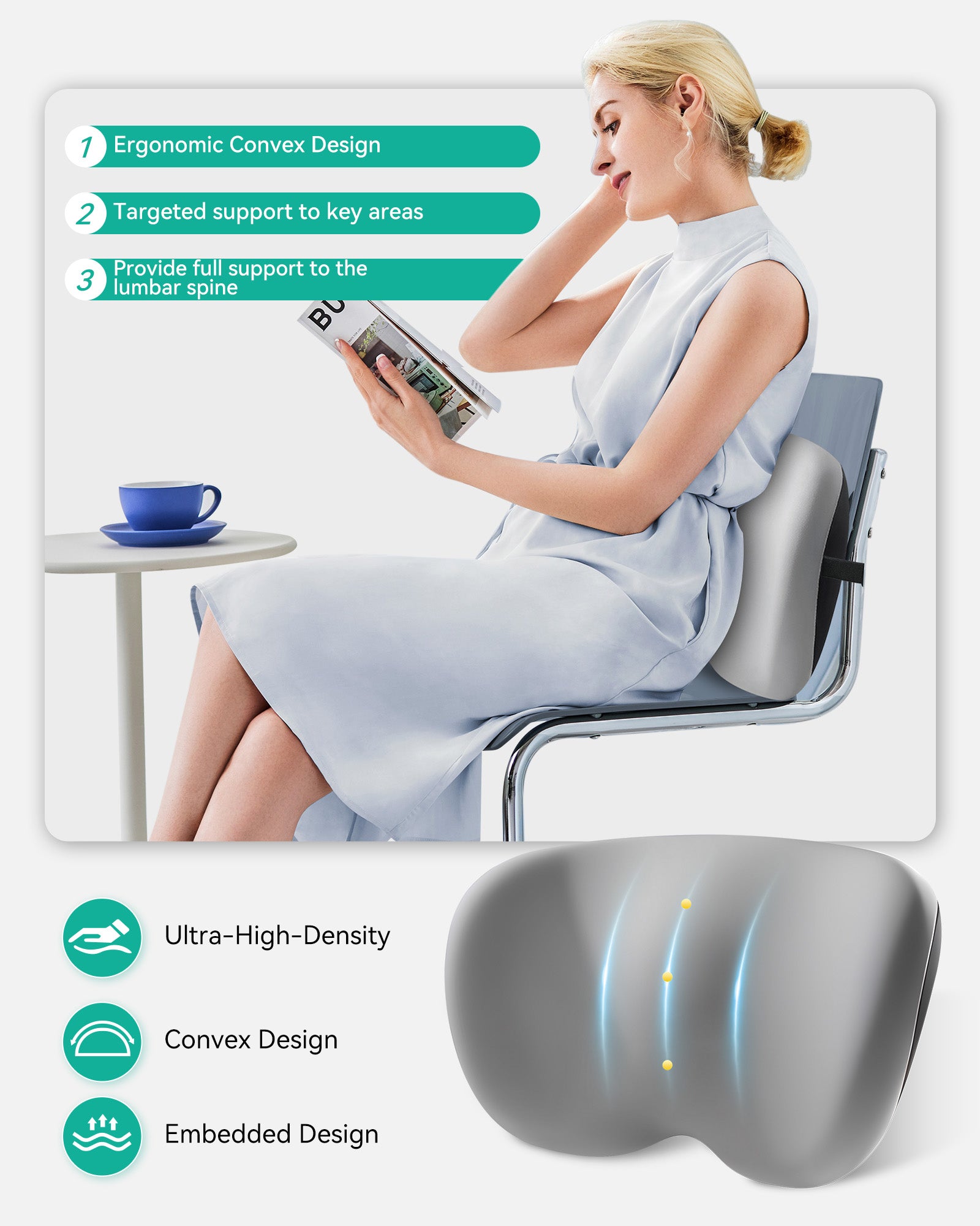 Woman sitting with ergonomic lumbar support pillow, enjoying comfort and support at her lower back.