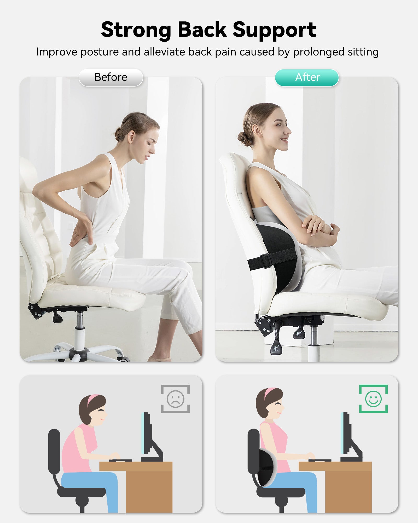Before and after images demonstrating strong back support for improved posture during prolonged sitting.