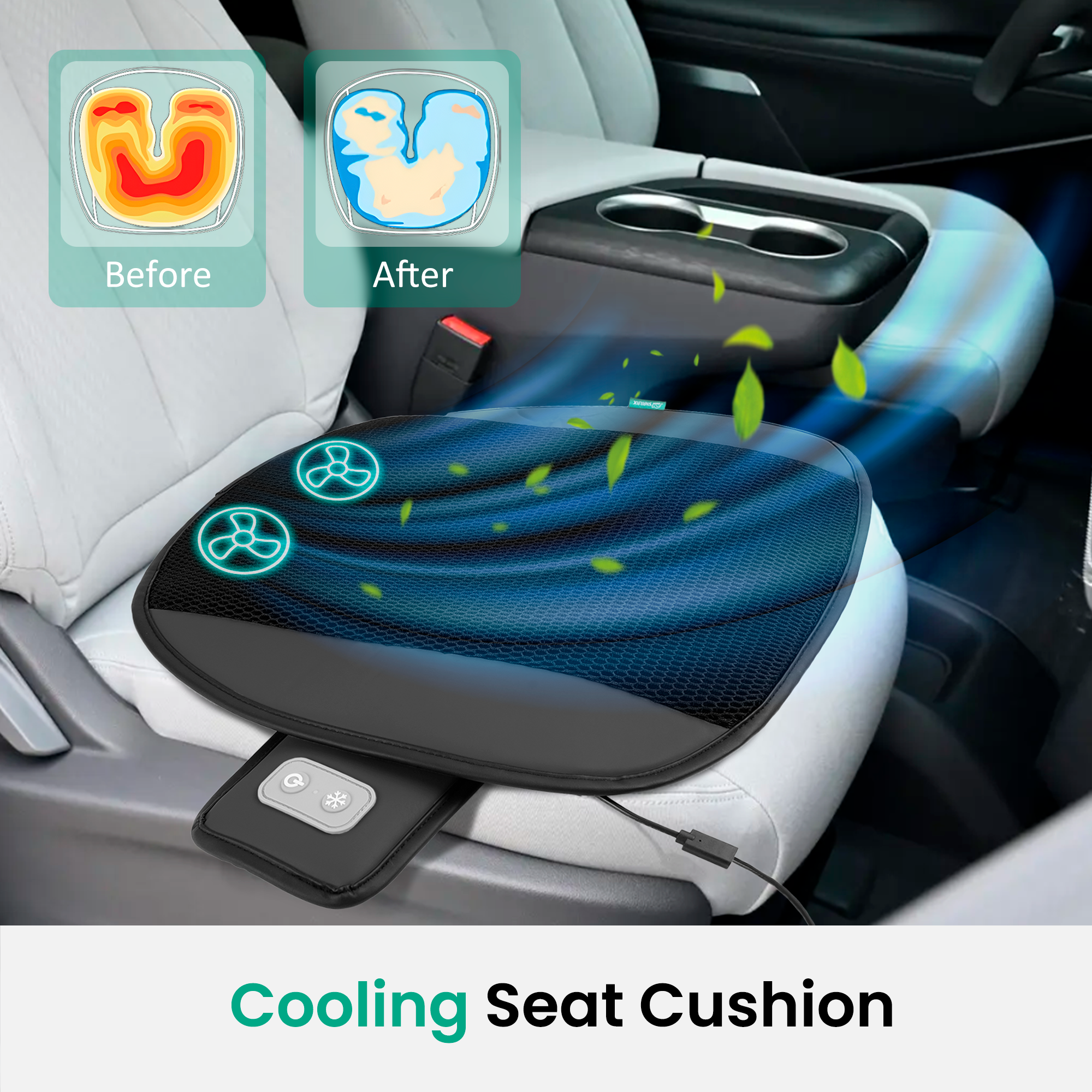 Cooling Car Seat Cushion with 2 Fans & 3D Mesh - Auto Shut-Off