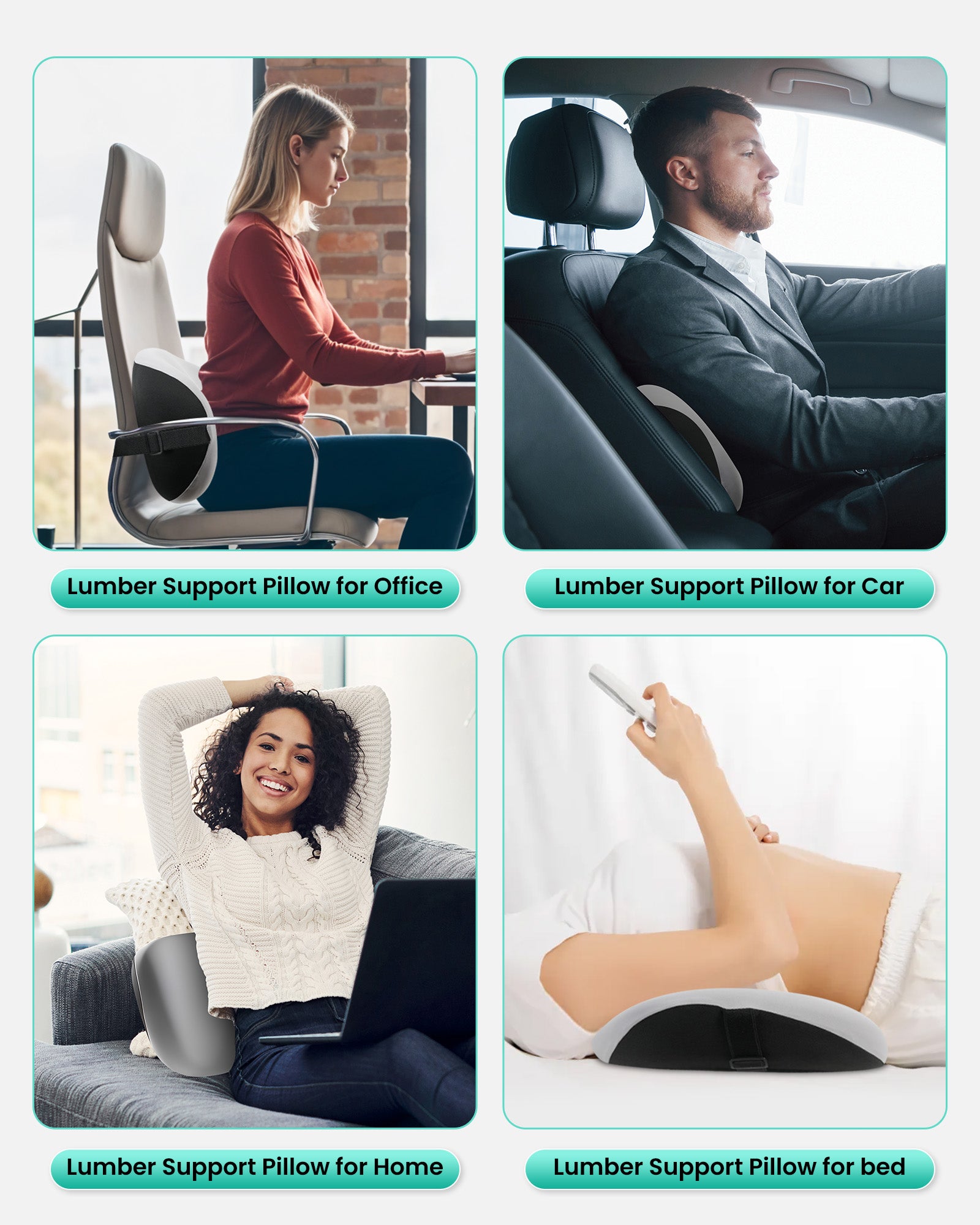 Snailax memory foam lumbar support pillow for office, car, home, and bed use, providing ergonomic comfort and pain relief.