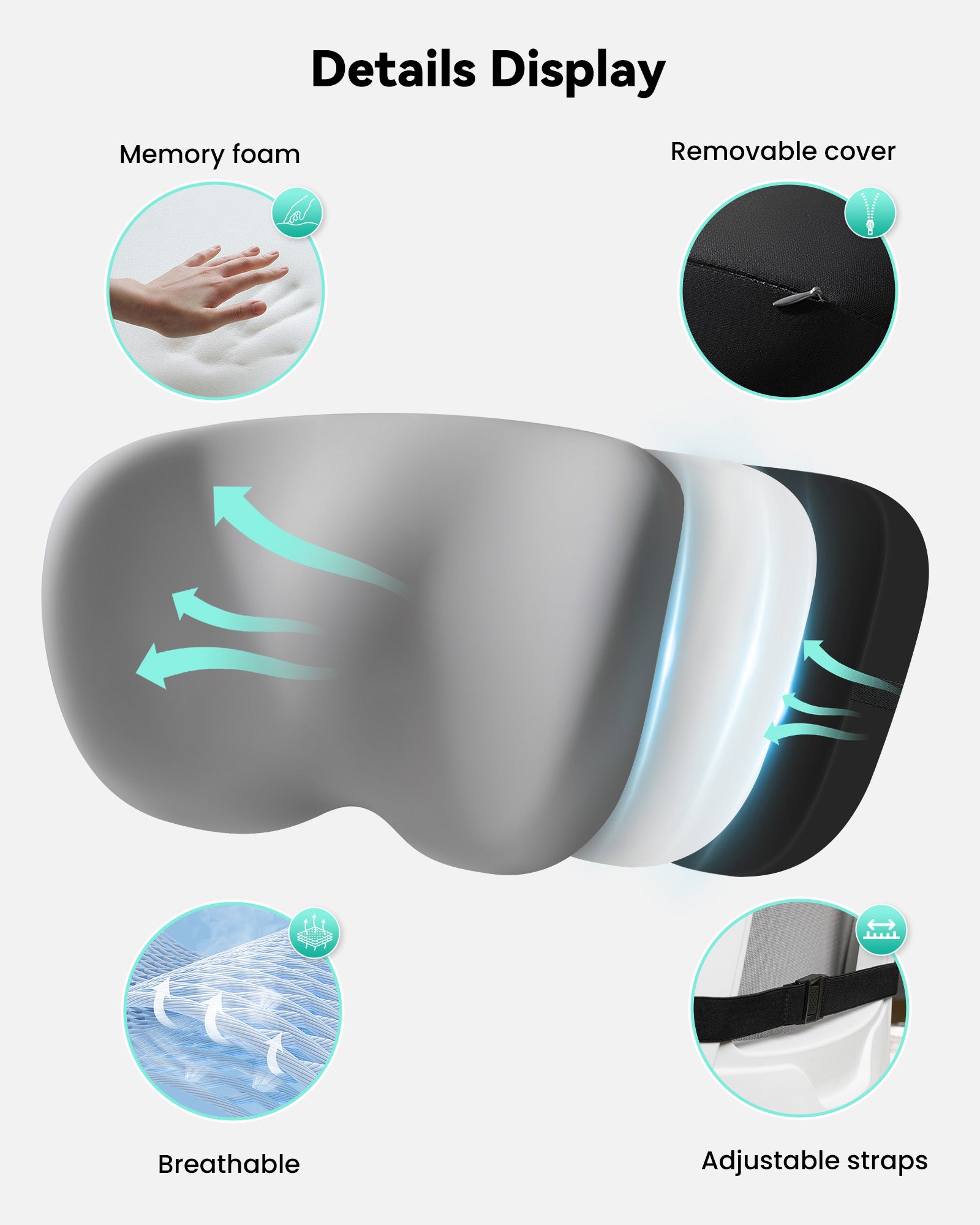 Features of Snailax memory foam pillow: breathable materials, removable cover, adjustable straps for personalized comfort.
