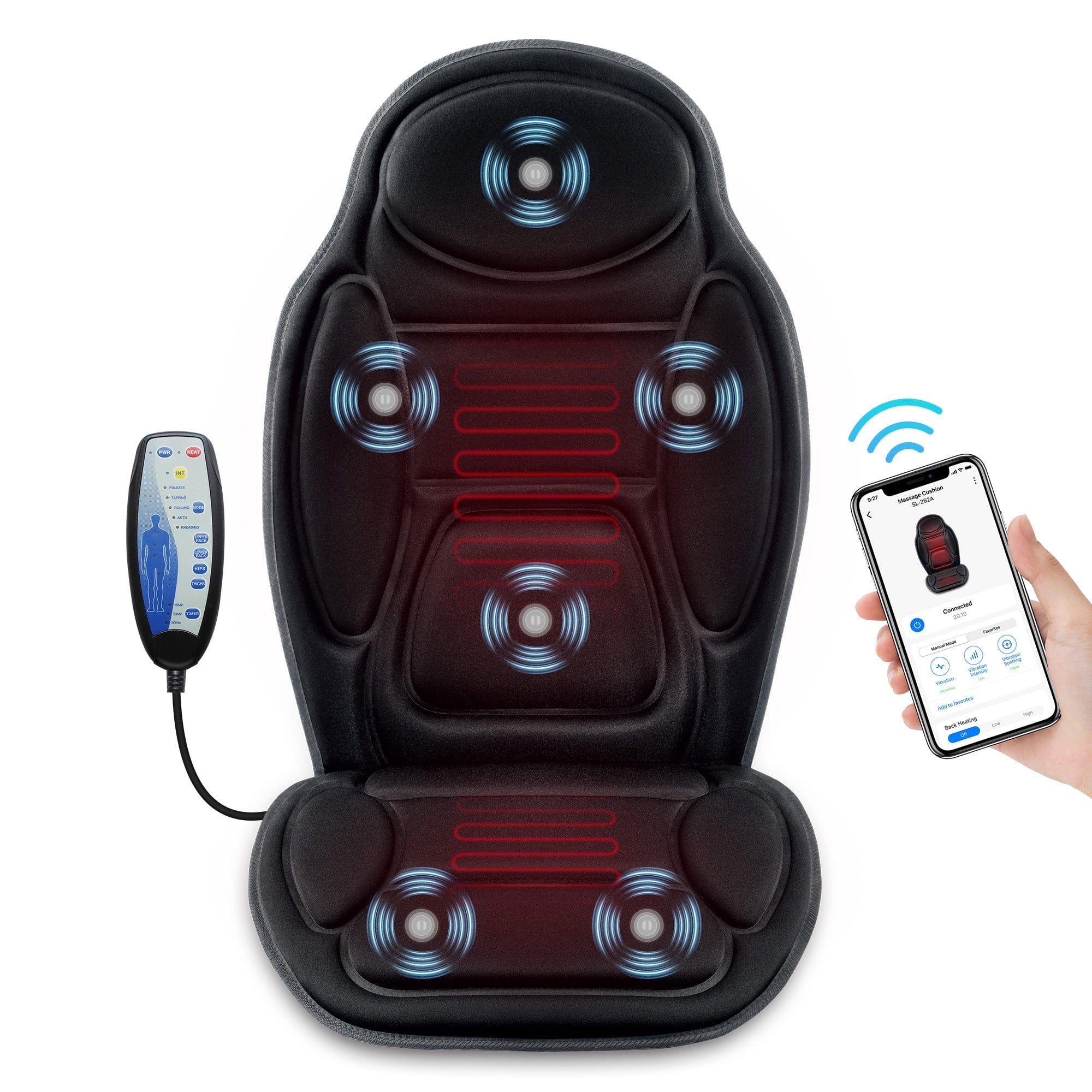 Snailax Back Massager SL-262-APP (APP Control) Snailax Memory Foam Vibration Back Massager with Heat, Massage Seat Cushion with 6 Vibrating Motors and 2 Heat Levels - 262M