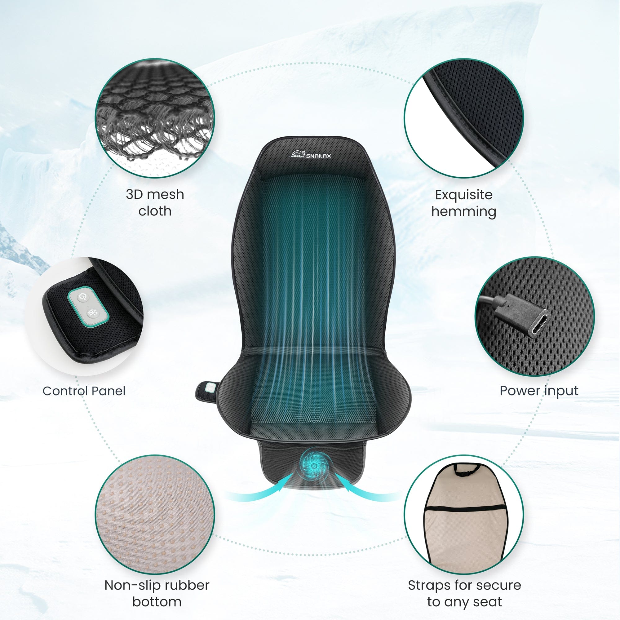 Snailax Back Massager Snailax Cooling Car Seat Cover for Car with 3 Adjustable Cooling Air Speeds, Universal Fit for Most Cars, SUV, Truck, USB Charging - 278