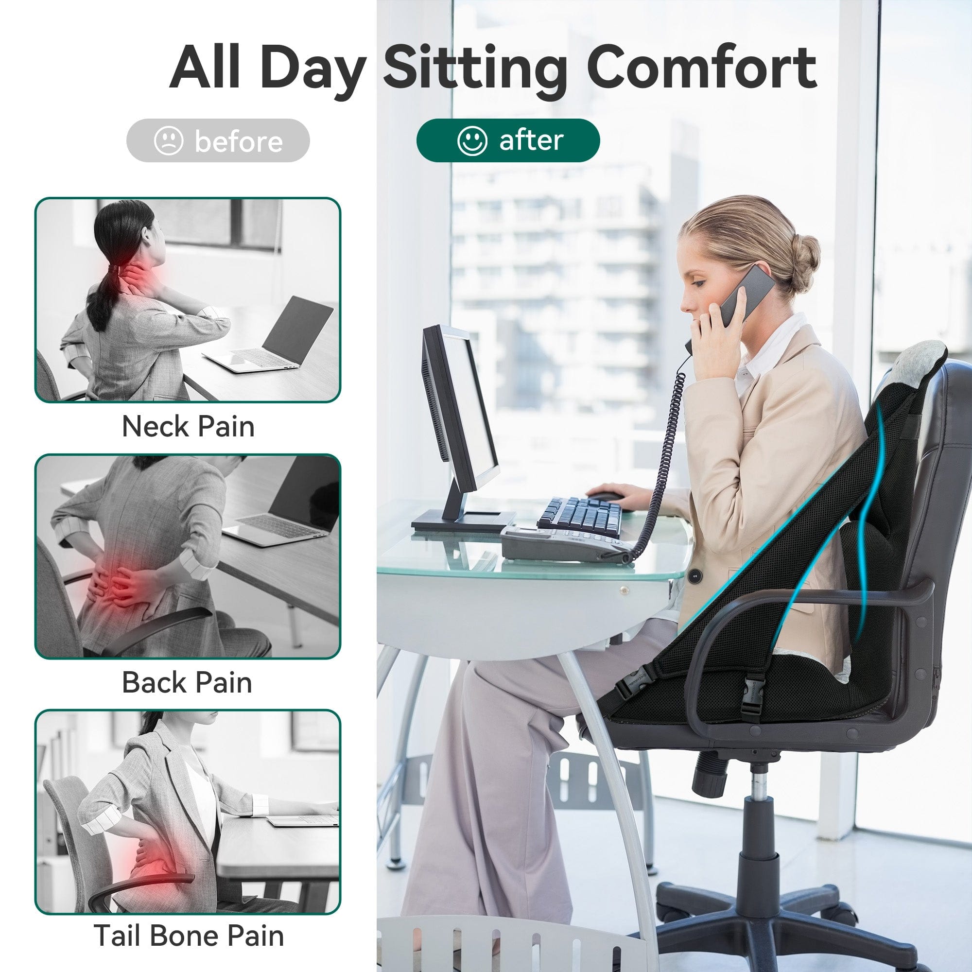 Snailax Lumbar Support & Massager Snailax Memory Foam Office Chair Cushion with Lumbar Support Pillow to Improve Posture, Sciatica, Hip & Back Coccyx Tailbone Pain Relief - 230