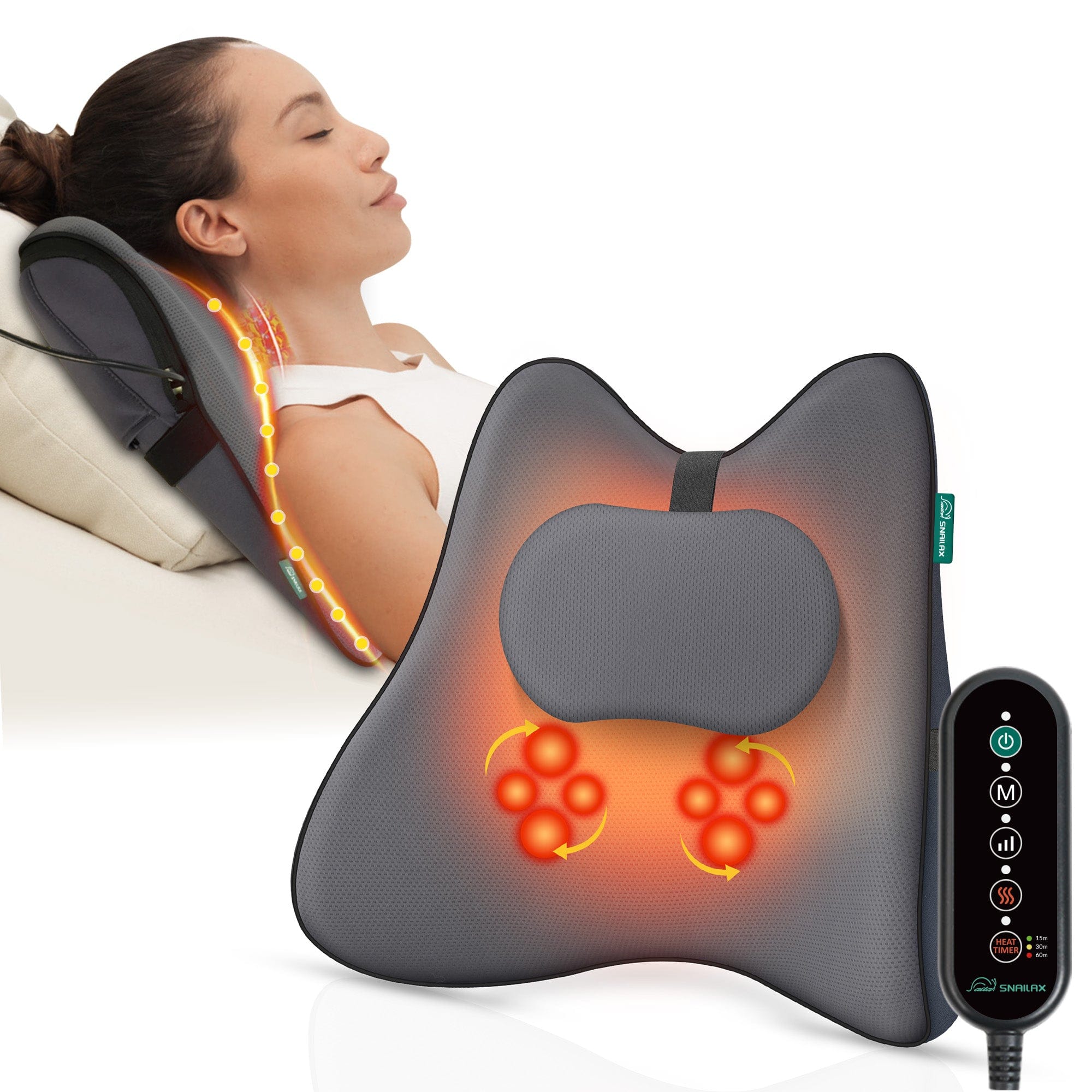 Snailax Lumbar Support & Massager Snailax Memory Foam Shiatsu Back Massager Lumbar Support Pillow with Heat, with 8 Shiatsu Nodes for Back Pain Relief - 132