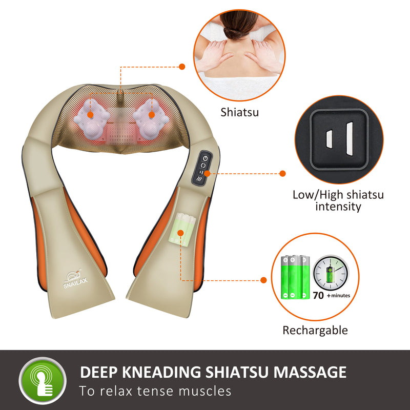 Cordless Neck Back Massager - Shiatsu Neck and Shoulder Massager with Heat (Khaki)  - 632NC-K