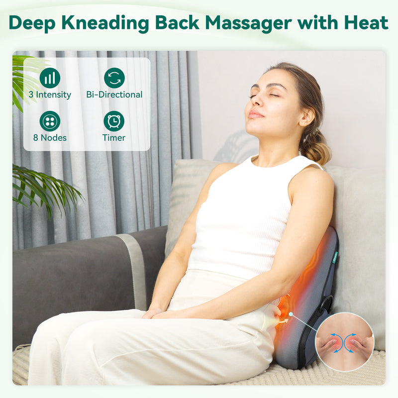 Snailax Shiatsu Back Massager with Heat, Lumbar Support Pillow with 8 Shiatsu Nodes for Back Pain Relief, Memory Foam Back Lumar Support - 132