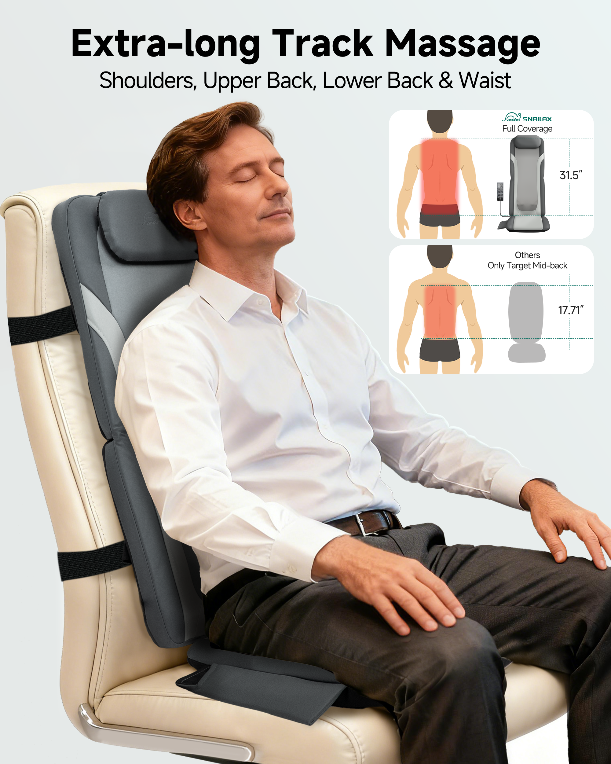 Foldable Massage Chair Pad, Long Track Dual with 3D Shiatsu Rollers 3 Height Settings