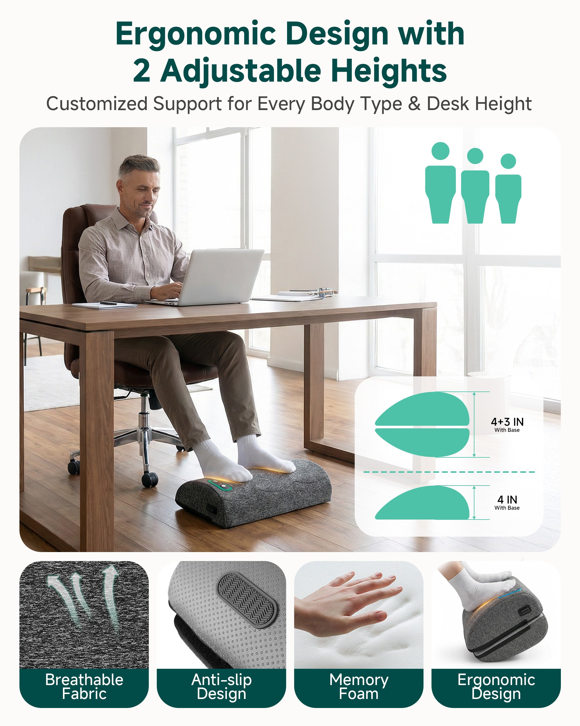 Ergonomic Heated Foot Rest with Vibration & Swing Function