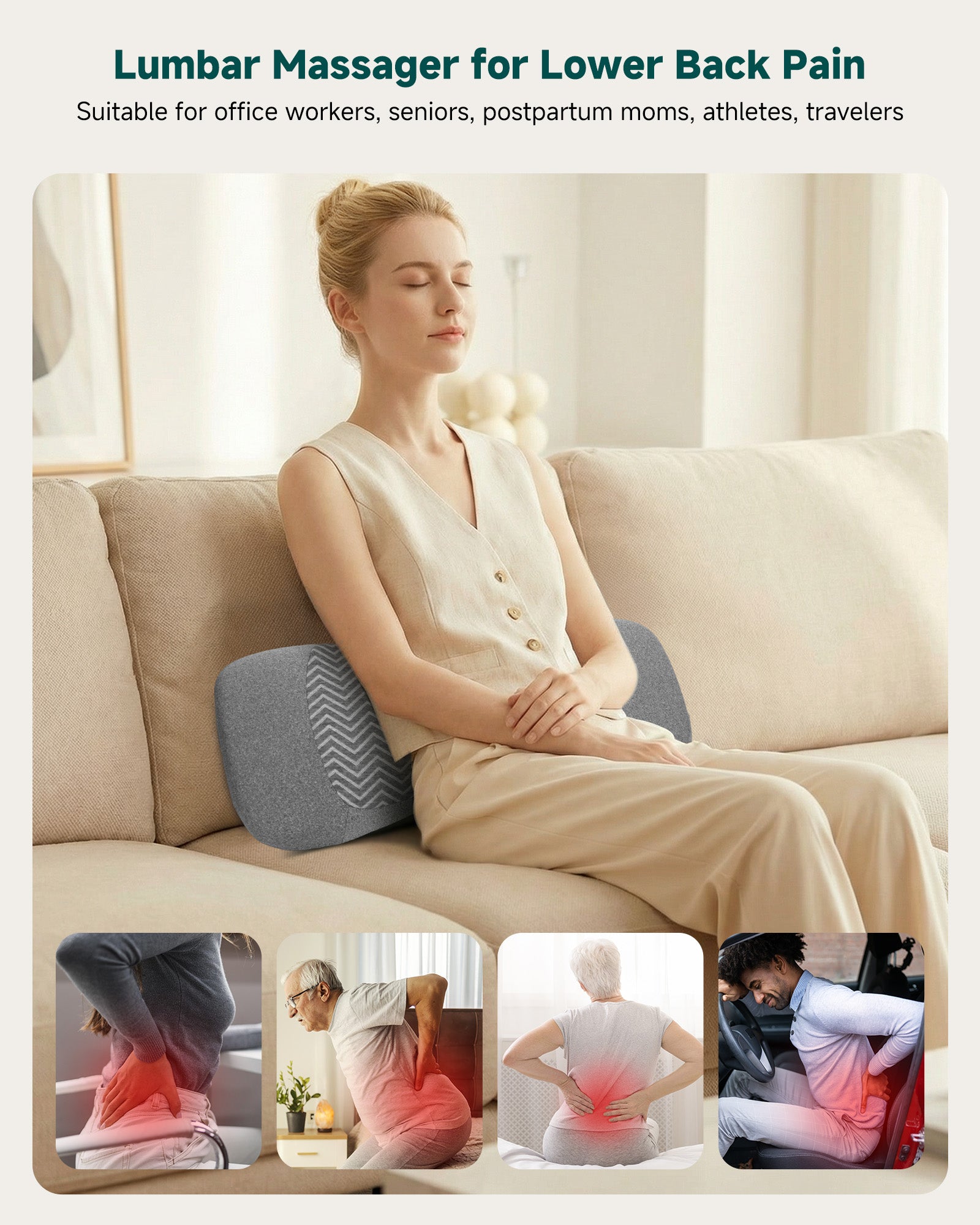 3-in-1 Cordless Electric Lumbar Support Pillow with Heat & Vibration