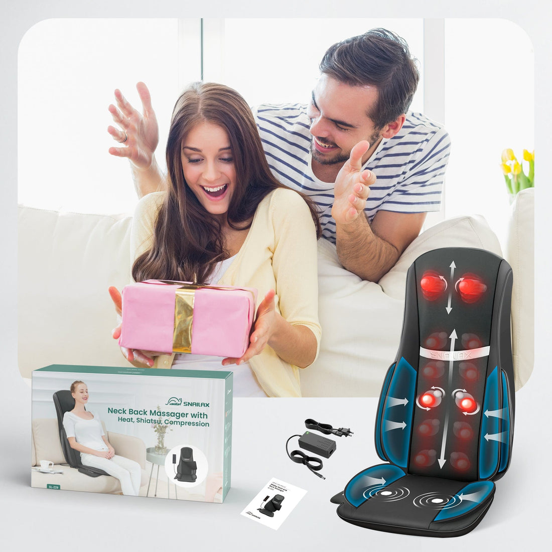 Heated Shiatsu Back Massager for Chair & Pain Relief - Snailax