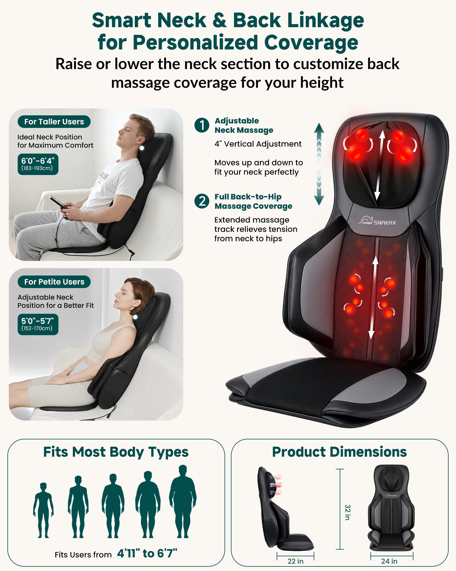 Snailax 2026 Upgraded Neck and Back Massager, Massage Chair Pad with Heat
