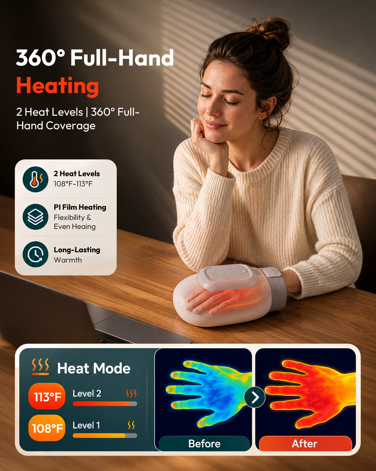 Cordless Hand Massager with Heat, 360° Compression & 3 Massage Modes