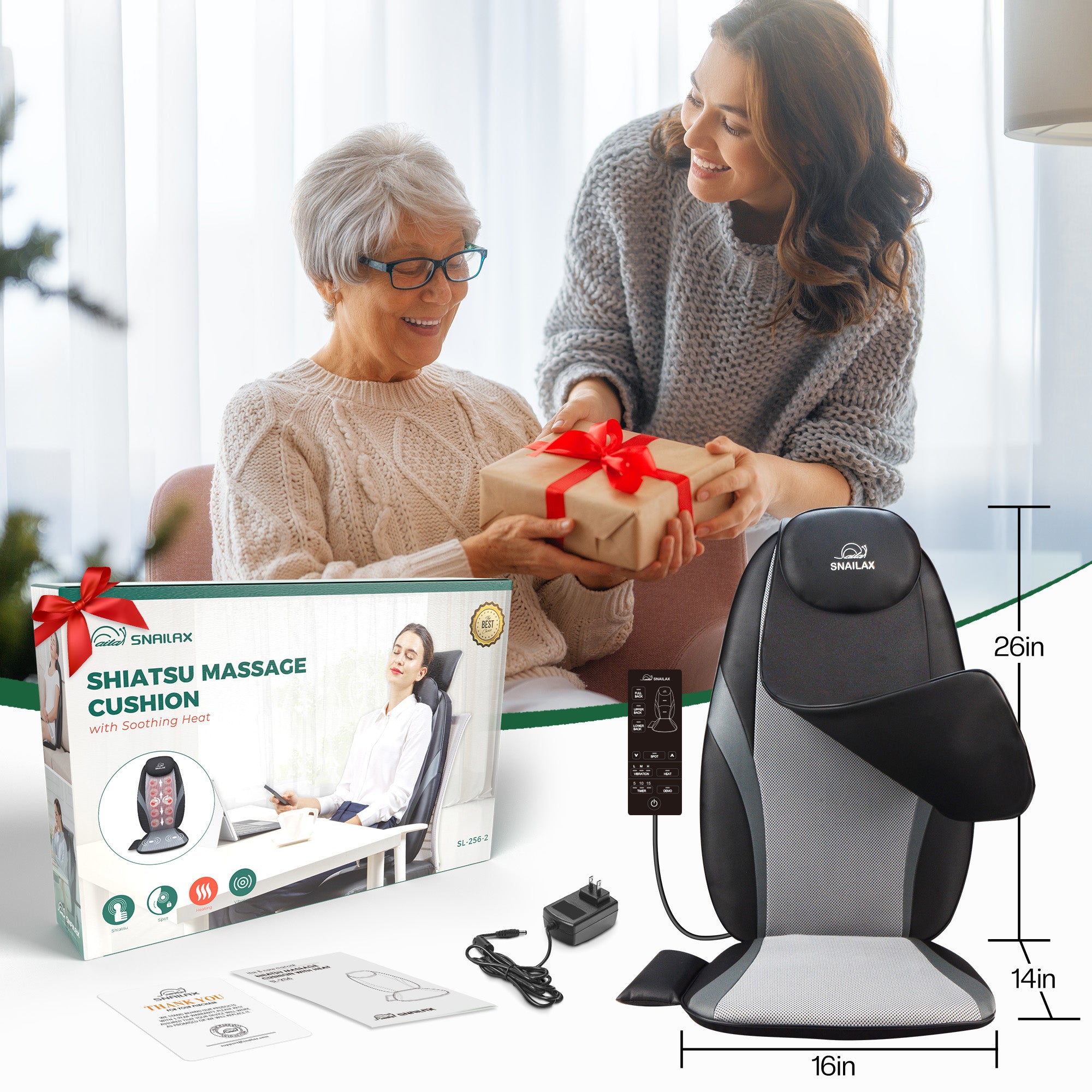 SNAILAX Back Massager Shiatsu Kneading Massaging Cushion with Heat & Vibration Control