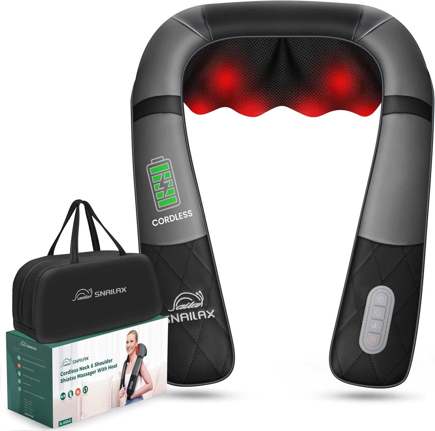 Snailax Neck Massager Snailax Rechargeable Neck Massager with Heat, Shiatsu Back and Neck Massager, Cordless Portable Deep Kneading Shoulder Massage Pillow - 632UC