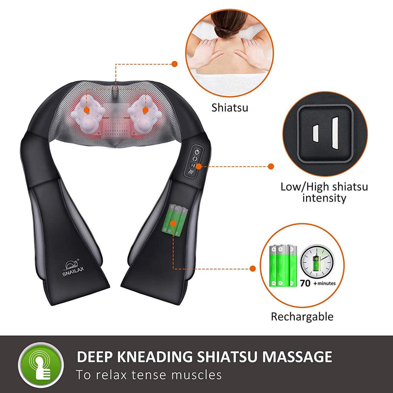 SNAILAX Neck Massager Portable & Cordless Shiatsu Neck Massager Pillow with Heat - 632NC
